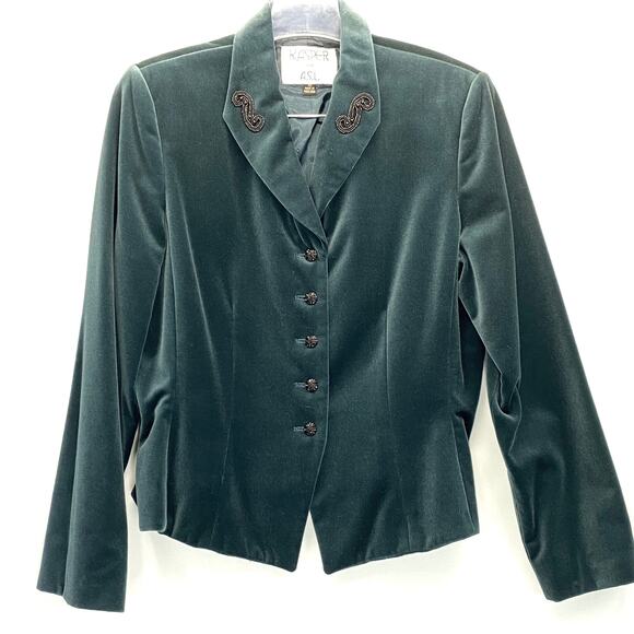 Vtg KASPER Velvet Beaded Jacket Women 10 Green 5 Button Cotton Costume Victorian - Picture 1 of 16